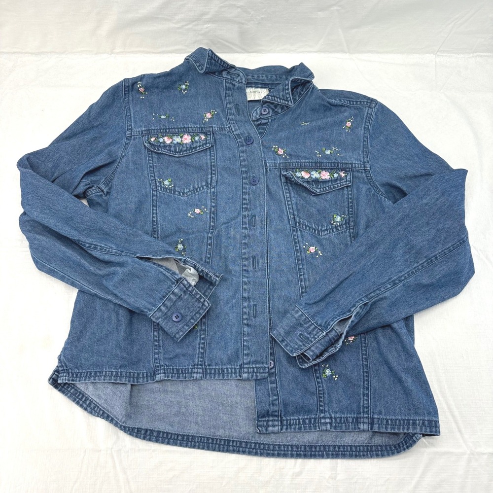 Lemon Grass Womens Medium Blue Denim Floral Embroidered Button Down Shirt